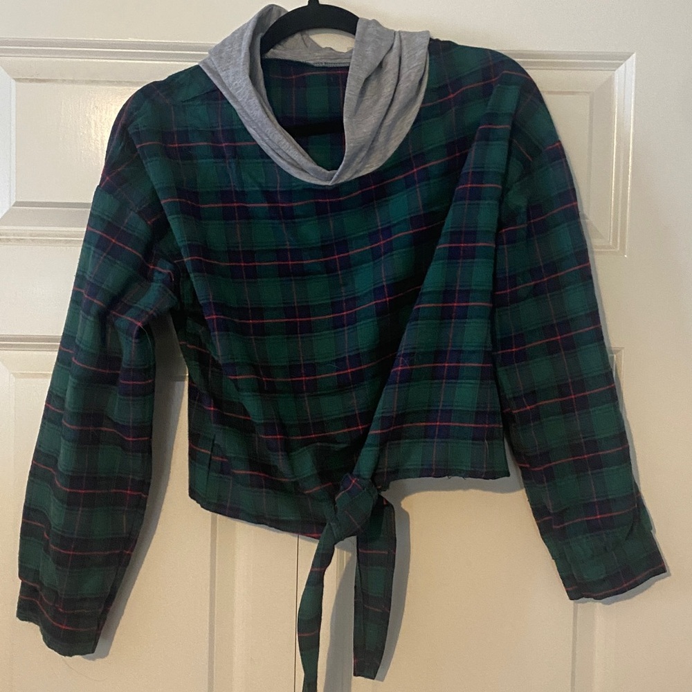 Plaid Tie-Front Hoodie